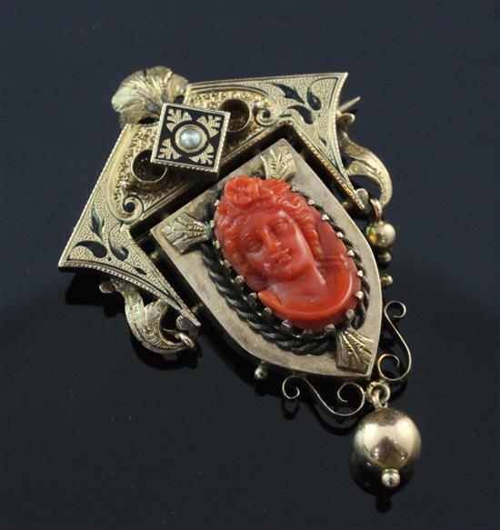 A Victorian gold, split pearl, black enamel and coral set drop pendant brooch, overall 2in.